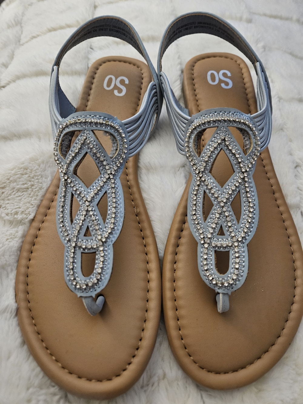 SO Light Blue Rhinestone T-Strap Slingback Sandals